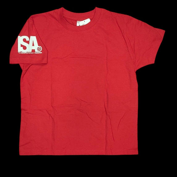 Red t-shirt with a logo on a black background