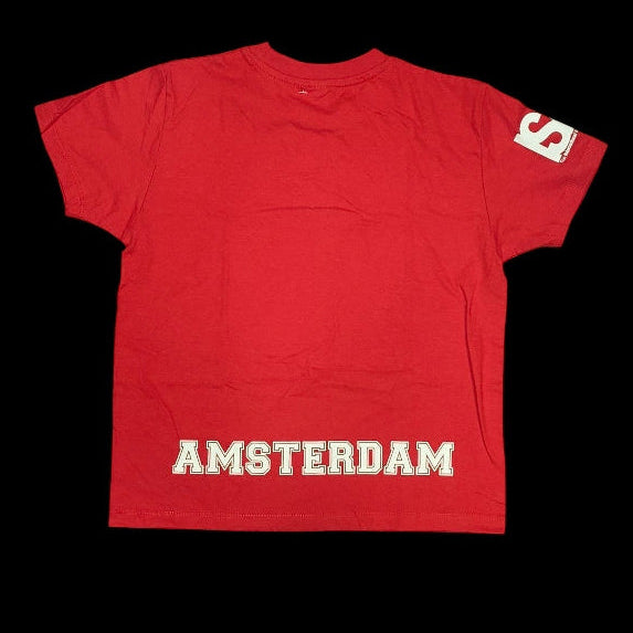 Red t-shirt with 'Amsterdam' text on a  background